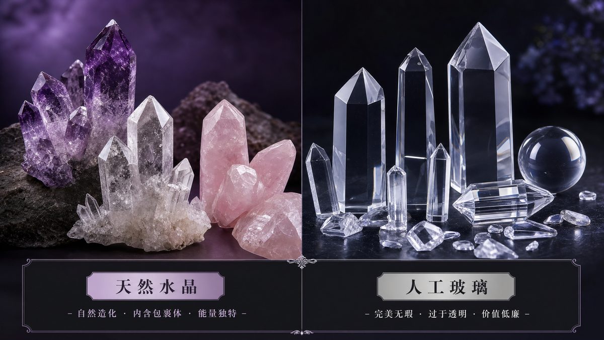 水晶真假辨別封面圖 - 天然水晶vs人工玻璃